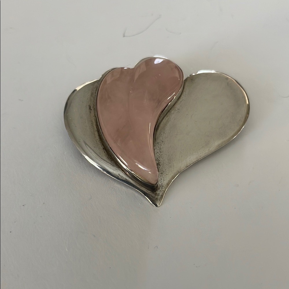 Great Falls Metal Works Vintage Sterling Carved Rose Quartz Large Heart Brooch
